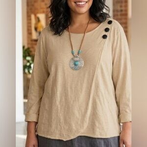Habitat Cream Lagenlook Cotton Wrap Front  Pullover Shirt Top - XL note flaw